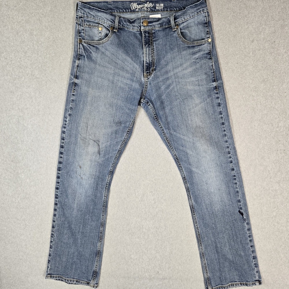 Wrangler Retro Men Jeans 36X34 Blue Denim Bootcut Slim Boot 32" Inseam READ
